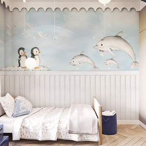 温馨企鹅小海豚墙布卡通墙纸儿童房壁纸女孩男孩卧室壁画环保壁布