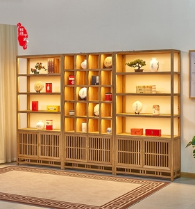 新疆西藏包邮茶叶展示架展示柜货架子实木带灯茶叶店中式陈列架柜