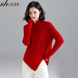 中长款针织打底衫女春秋新款不规则上衣设计感红色半高领纯羊毛衣