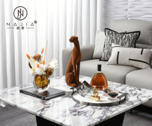罗曼提 现代样板间花艺香薰咖色植绒坐姿美洲豹摆件 客厅茶几组合