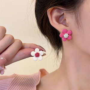 S925银针仙气甜美粉白撞色花朵耳钉ins风夏季新款小众设计耳环女