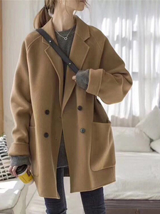 韩国驼色双面羊绒大衣女2024冬季新款小众双排扣短款显瘦毛呢外套