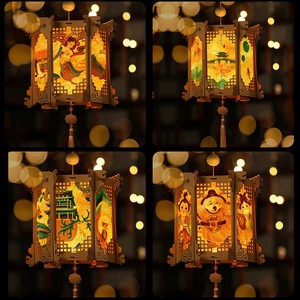六边形木框宫灯中秋节装饰品手提灯笼发光木质幼儿园手工兔子花灯