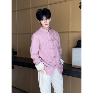 新中式男装粉色麂皮绒中国风立领衬衫高级感龙纹刺绣盘扣衬衣外套