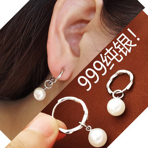 S999纯银耳环女人工珍珠耳坠流苏耳钉2024新款爆款养耳洞耳圈耳饰