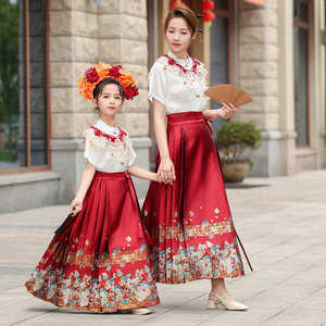 母女装夏季薄款新中式短袖衬衫亲子蝴蝶马面裙套装中国风表演服装