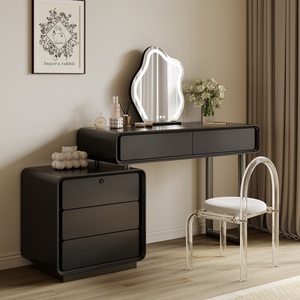 黑色高级感现代简约梳妆台三斗柜一体卧室轻奢实木烤漆伸缩化妆桌