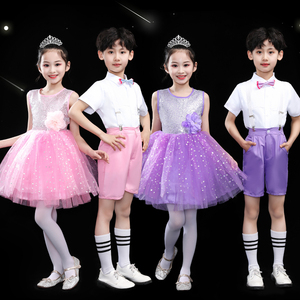 六一儿童演出服小荷风采舞蹈合唱服背带裤亮片女童蓬蓬纱裙表演服