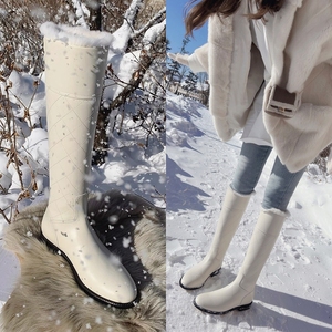 白色圆头骑士靴女2023冬季新款粗跟加绒高筒靴不过膝雪地毛毛长靴