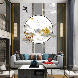 新中式简单大气别墅挑高客厅复式楼沙发电视背景墙布壁纸壁布壁画
