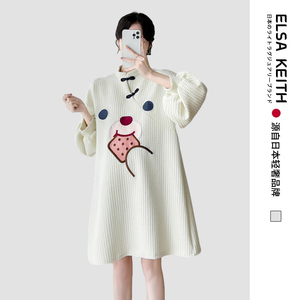 日本ELSA KEITH孕妇装春季新款甜美宽松大码中国风加厚长袖连衣裙