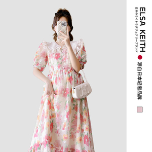 日本ELSA KEITH孕妇装宽松连衣裙娃娃领碎花长裙夏装气质海边大码
