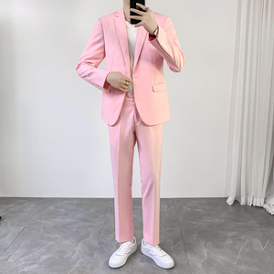 粉红色小西装外套痞帅西服套装修身2024主持人舞台礼服男装两件套