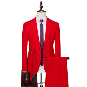 休闲西装男套装双排一粒扣舞台主持人结婚礼服男式红色西服两件套