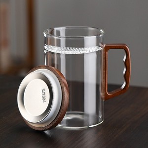耐高温玻璃水杯高硼硅材质绿茶杯月牙过滤一体泡茶杯家用木把杯子