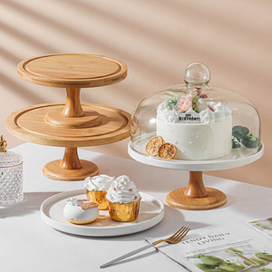 高脚蛋糕托盘木质甜品台展示架面包甜品玻璃罩点心水果试吃盘带盖