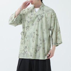 新中式冰丝短袖汉服男款夏季薄款七分袖衬衫kimono道袍中国风唐装