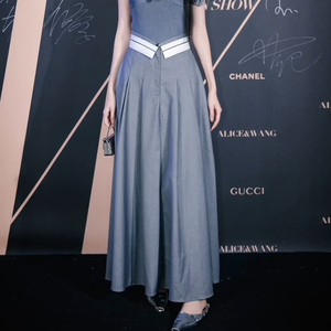 韩国chic夏季新款法式高腰撞色翻边设计大摆型西装半身裙长裙女