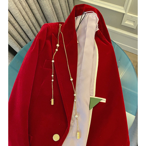 2023秋装新款红色丝绒金扣小西装外套女高端定制时尚时髦气质西服