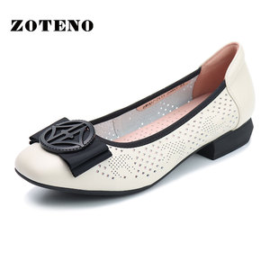 ZOTENO/左天奴女鞋夏季真皮打孔透气软面舒适粗跟女洞洞单鞋6W007