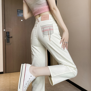 米白色烟管牛仔裤女夏季2024年新款小个子设计感白色法棍直筒裤子