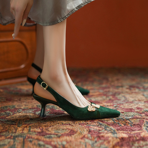 羊皮新中式国风绿色包头凉鞋磨砂气质一字带细跟高跟鞋后空单鞋女
