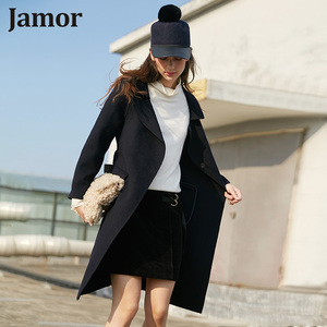 [退仓]Jamor冬季中长款双面羊毛呢外套女藏青色系带大衣呢