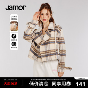 Jamor冬季新款英伦风复古格纹大翻领外套女气质短款呢子大衣加末