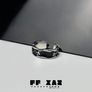 FF假朋友丨黯系列黑色水钻小众设计高级戒指男女开口调节情侣对戒