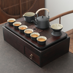 日式白瓷紫砂功夫茶具茶杯套装茶盘多功能收纳盒大号茶台家用茶托