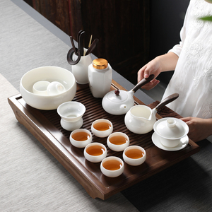 聚晟 羊脂玉瓷功夫茶具套装茶盘德化白陶瓷盖碗茶壶茶杯简约家用