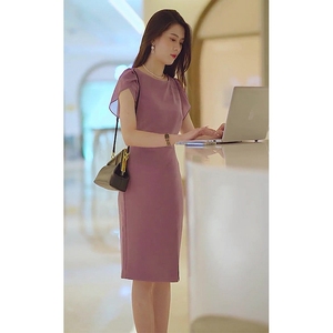 专柜撤柜夏季新款正式场合茶歇法式设计高级感气质粉紫色连衣裙子