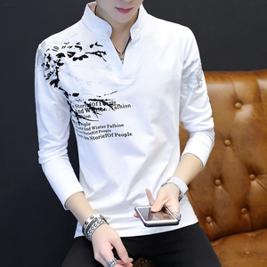 春季长袖T恤男韩版修身V领打底衫青年男装休闲体恤潮流印花上衣