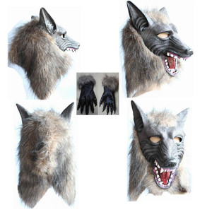 万圣节狼头面具头套男 狼人乳胶全套面具动物带毛面具恐惧面具