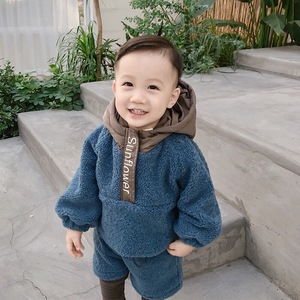 男童套装冬装新款男宝宝帅气加绒加厚羊羔毛两件套