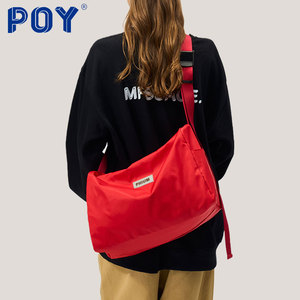 POY® 运动包斜挎包红色女单肩包大容量托特包健身包潮大学生背包