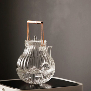 日式简约 菊瓣耐热加厚玻璃茶壶 铜柄提梁玻璃泡茶壶电陶炉专用