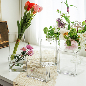 手工现代简约长方形玻璃花瓶水培插花扁缸家居餐厅桌面花艺摆件