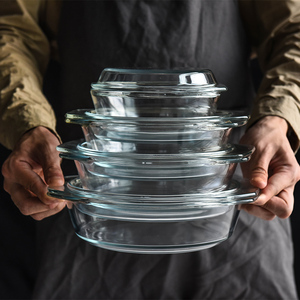 加厚钢化玻璃碗耐高温家用烘焙透明大号带盖汤碗微波炉加热泡面碗