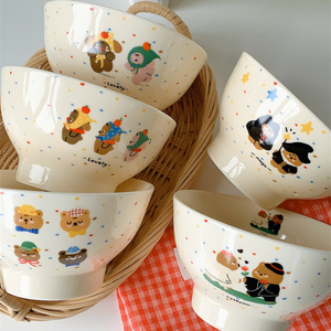 FunLife生活馆 可爱卡通彩色点点小熊陶瓷碗 家用米饭碗酸奶碗