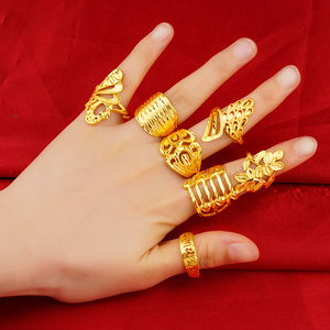 新款镀黄金戒指女大号花朵款个性沙金指环开口气质新娘结婚戒饰品