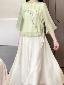 新中式茶服女夏季大码唐装中国风旗袍禅意连衣裙民国改良汉服套装