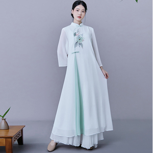 禅意女装白色禅服古筝琴表演出凑服仙气少女中国风汉服改良旗袍女