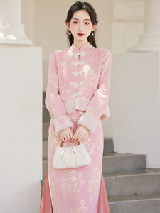 新中式国风秋冬加厚夹棉旗袍改良版年轻款少女连衣裙唐装汉服套装