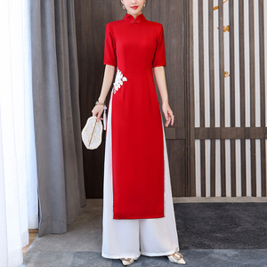 红色旗袍套装裤两件套越南旗袍裙改良奥黛女中国风舞蹈走秀演出服