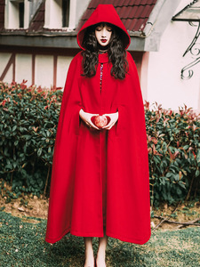冬季女款外套披风衣红色斗篷披肩大衣连帽长袖旅游拍照好看的裙子