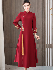 改良奥黛旗袍连衣裙年轻款红色汉服唐装中国风女装新中式大码茶服