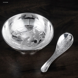 银碗筷勺子三件套装镀银食用雪花熟银宝宝家用餐具结婚礼物