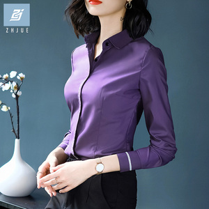 紫色衬衫女士长袖冬季加绒厚保暖职业高端衬衣大牌气质修身上衣寸