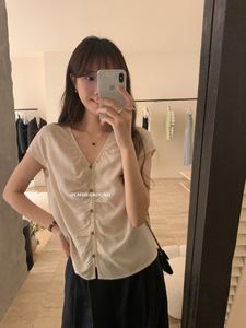 IMISS韩版褶皱V领气质衬衣女夏季新款法式优雅淑女小衫衬衫上衣